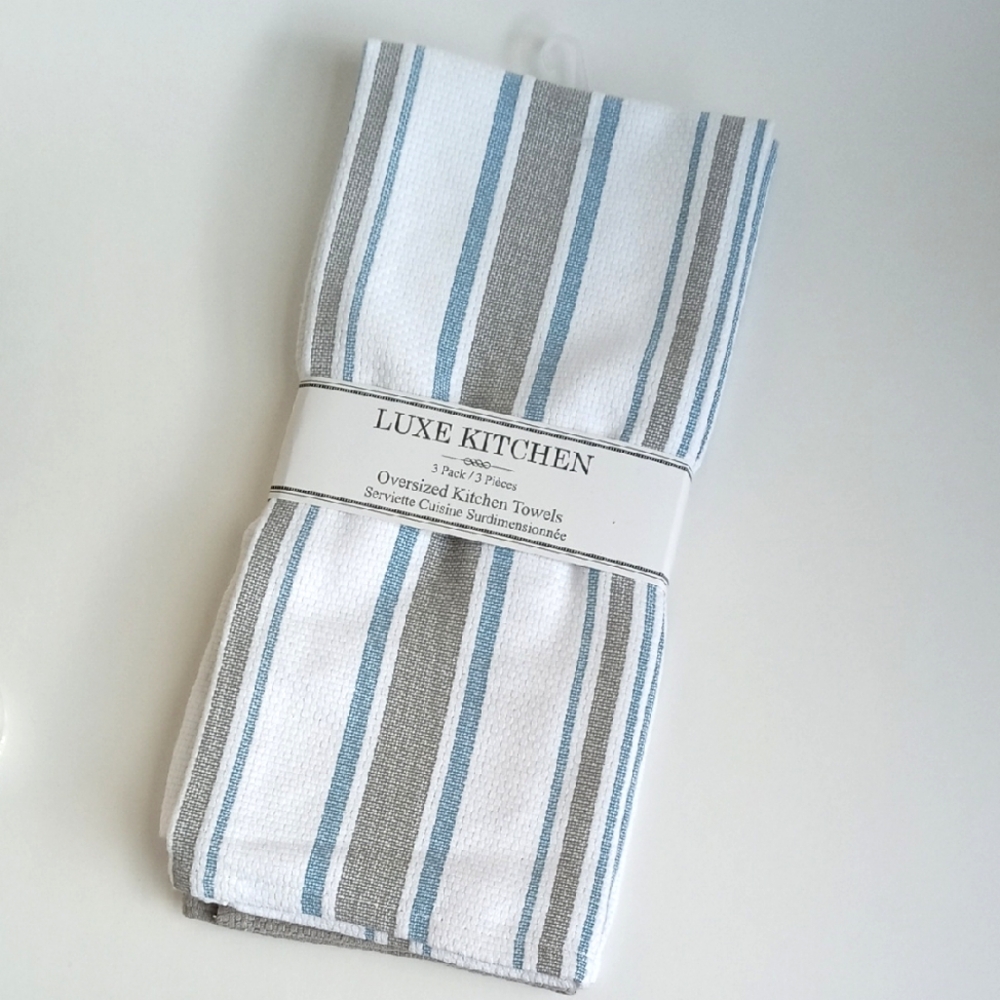 3 Set Kitchen Luxe Oversized Kitchen Towels White Gray Blue Stripes Colors